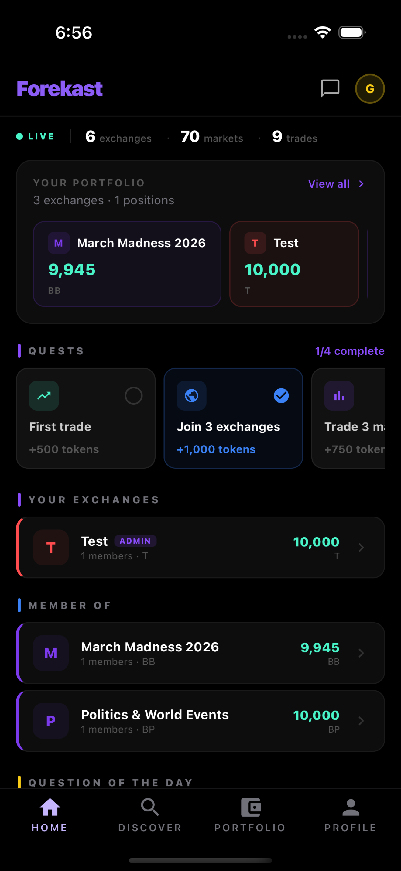 Forekast iOS home screen with portfolio and quests