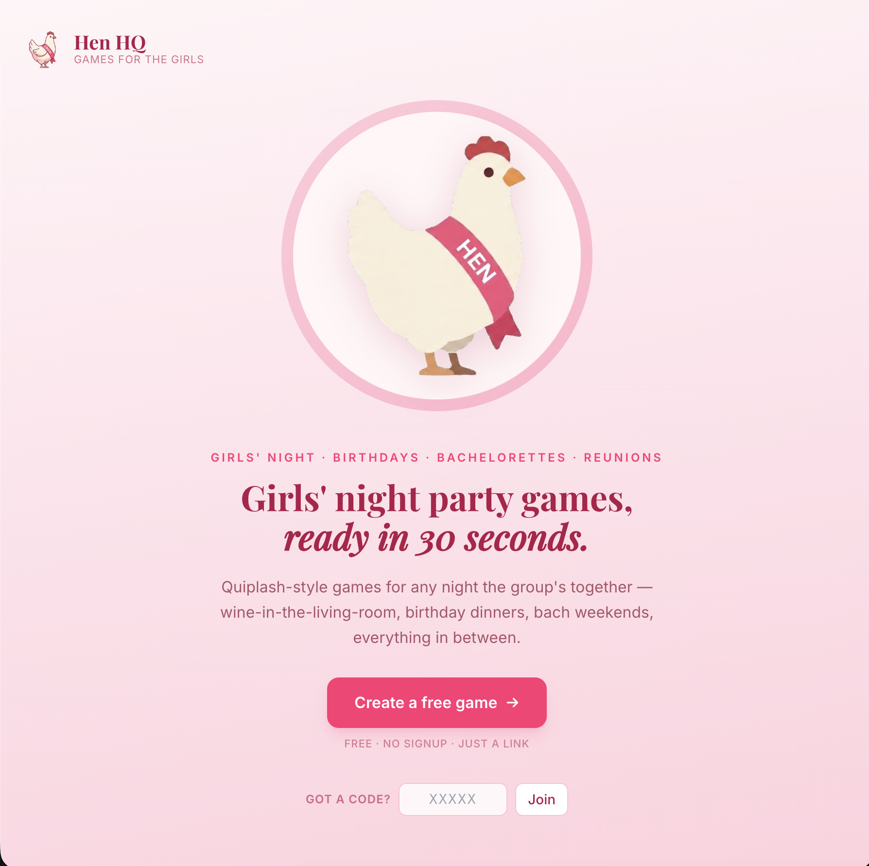 Hen HQ landing page