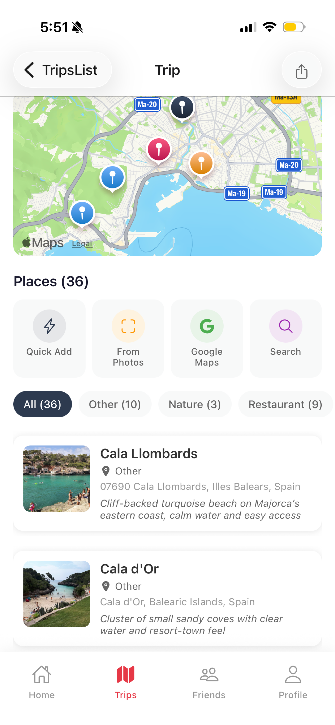 TravelBug iOS trip detail with map and places