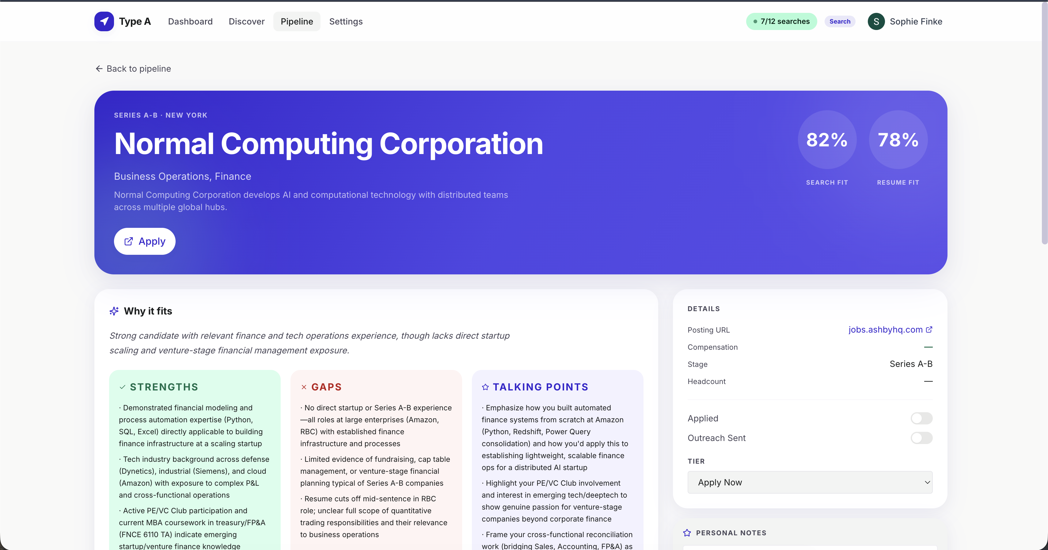 Type A job detail with AI fit score, strengths, gaps, and talking points